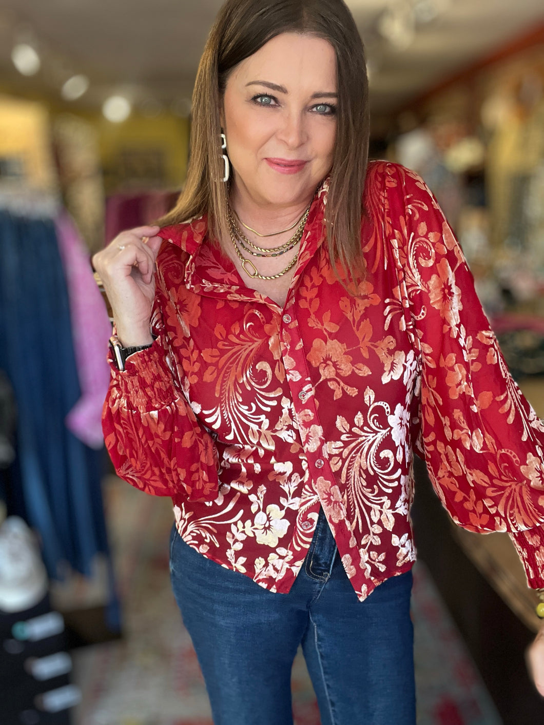 RED VELVET BURNOUT BLOUSE