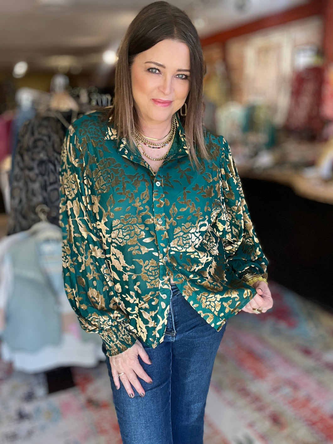 TEAL VELVET BURNOUT BLOUSE